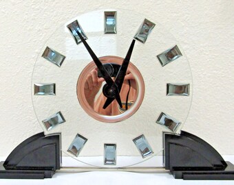 Rare French Art Deco Large ATO Glass, Chrome and Bakelite Mantel Clock