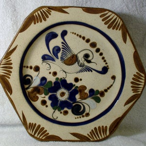 Vintage Tonala Pottery Mexico Hand Painted 11&quot; Bird and Floral Bowl