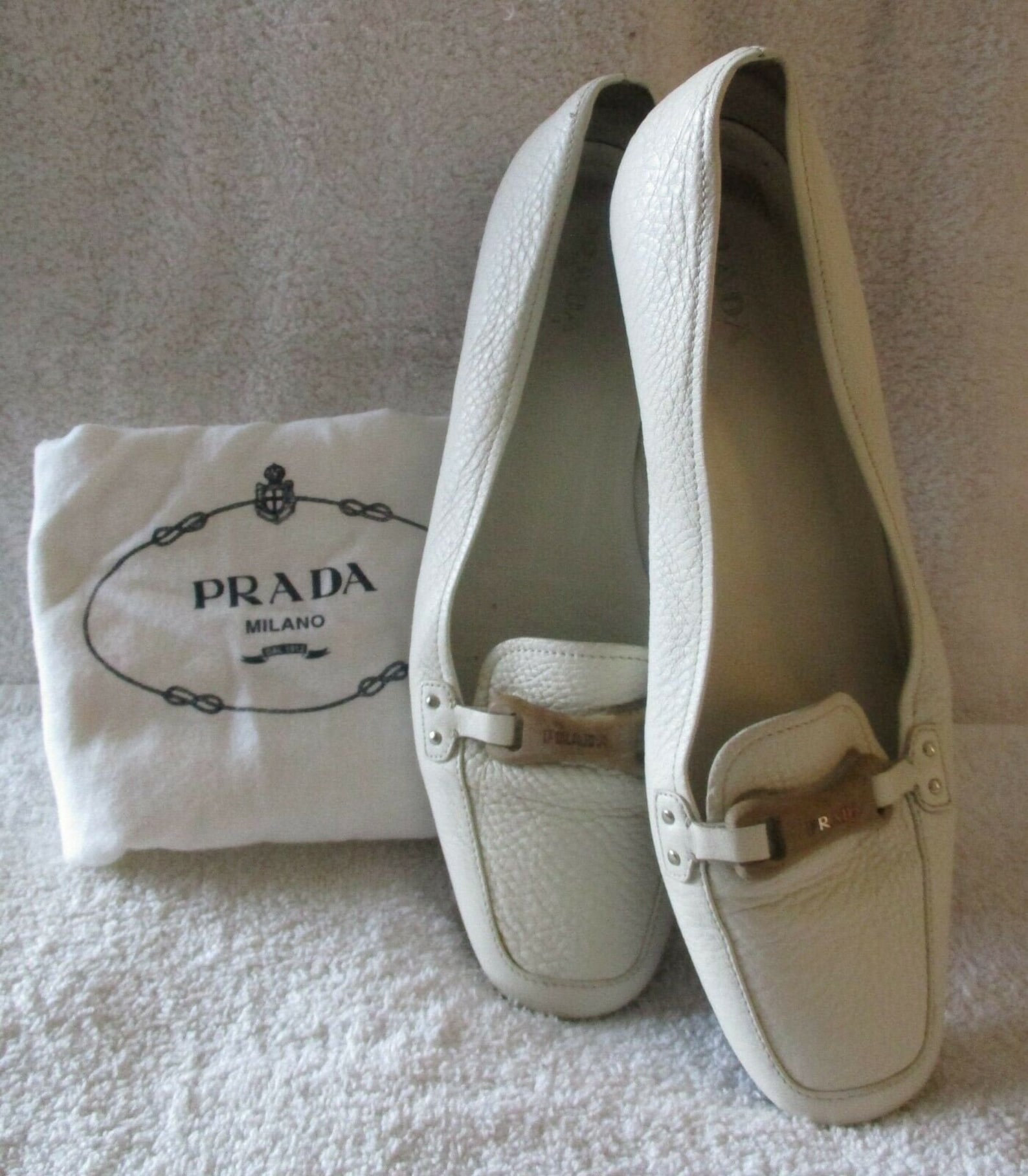 Women's Prada off White Pebble Leather Logo Slip on Flats - Etsy