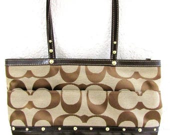 Coach Signature Brown Tan Canvas F20014 Studded Two Handled