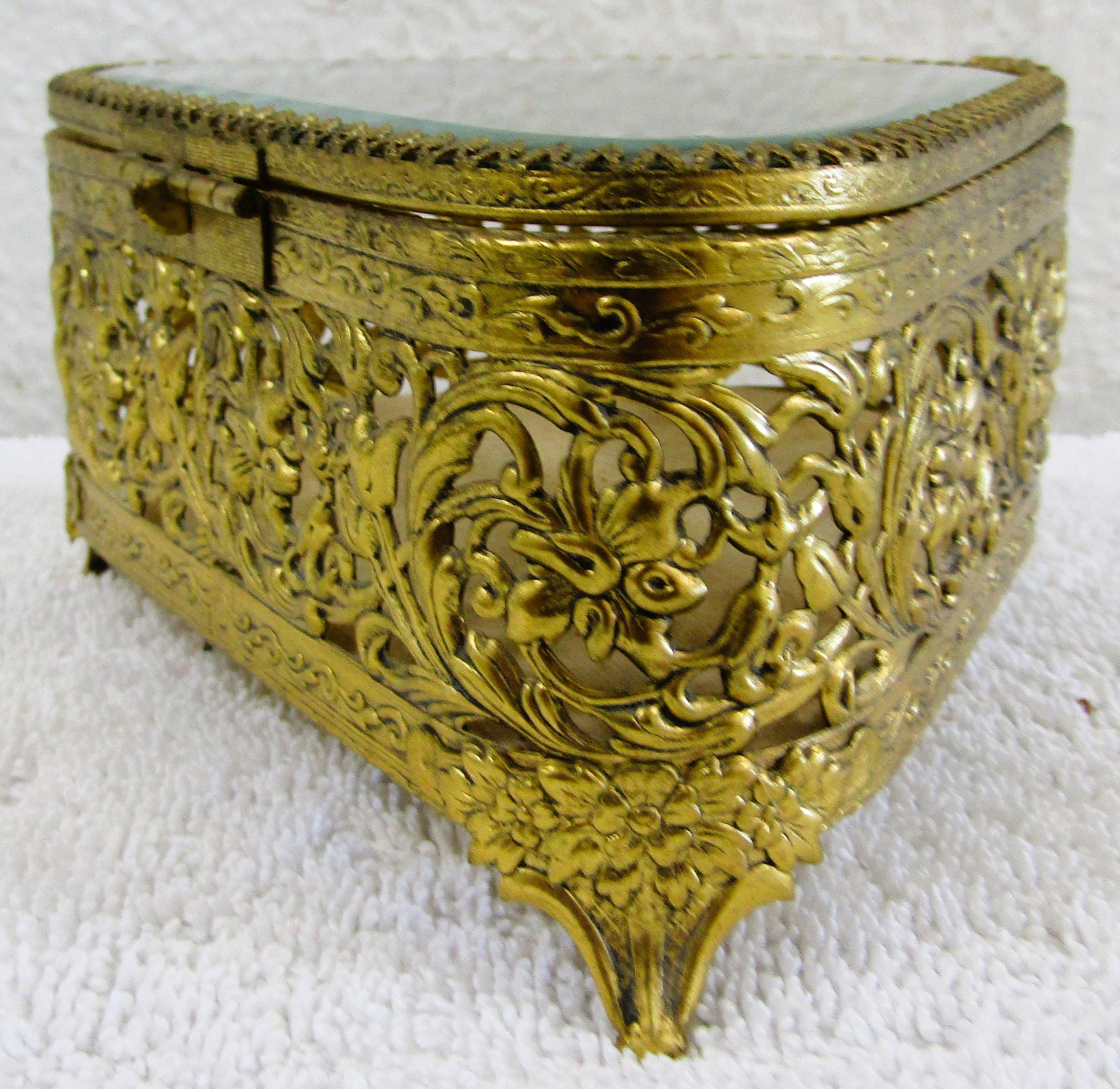 Triangular Jewelry Box Antique Ormolu Triangle Jewelry Box Reticulated Gold Gilt and Beveled ...