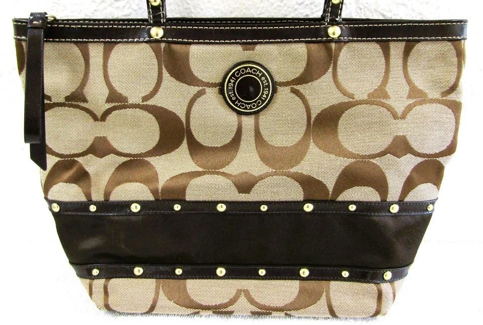 Coach Signature Brown Tan Canvas F20014 Studded Two Handled