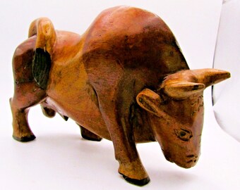 Large Vintage Mid-Century Modern Hand Carved Wood Bull Sculpture