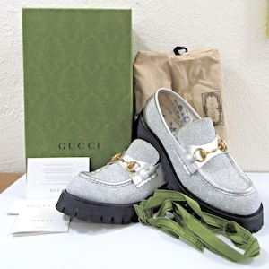 GUCCI 653884 Glitter Metallic Calfskin Harald Horsebit Platform Loafers US 11.5