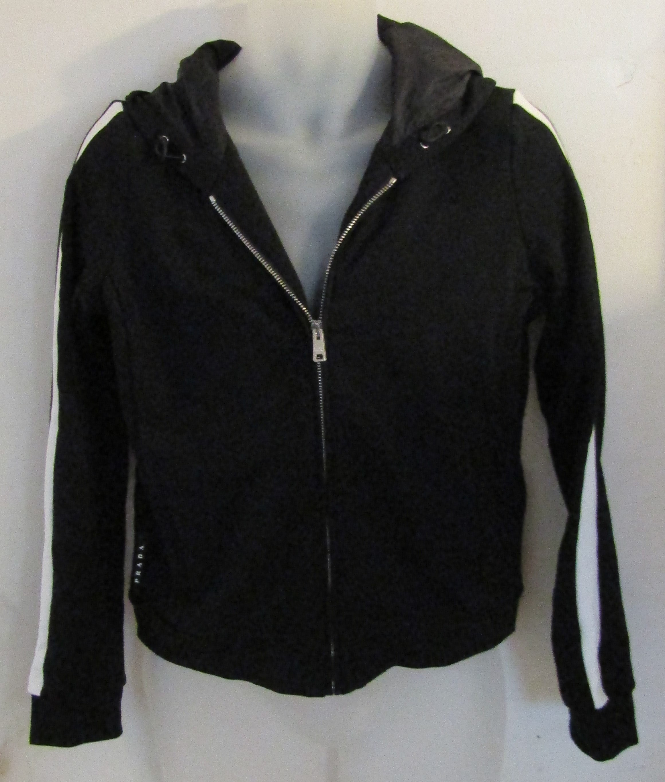 Prada Black White Stripe Cotton Jersey Zip Front Felpa Blouson Hoodie Jacket