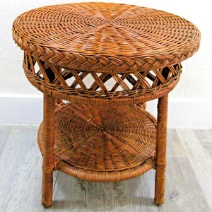 Vintage Wicker over Rattan Round End/Side Table circa 1960s