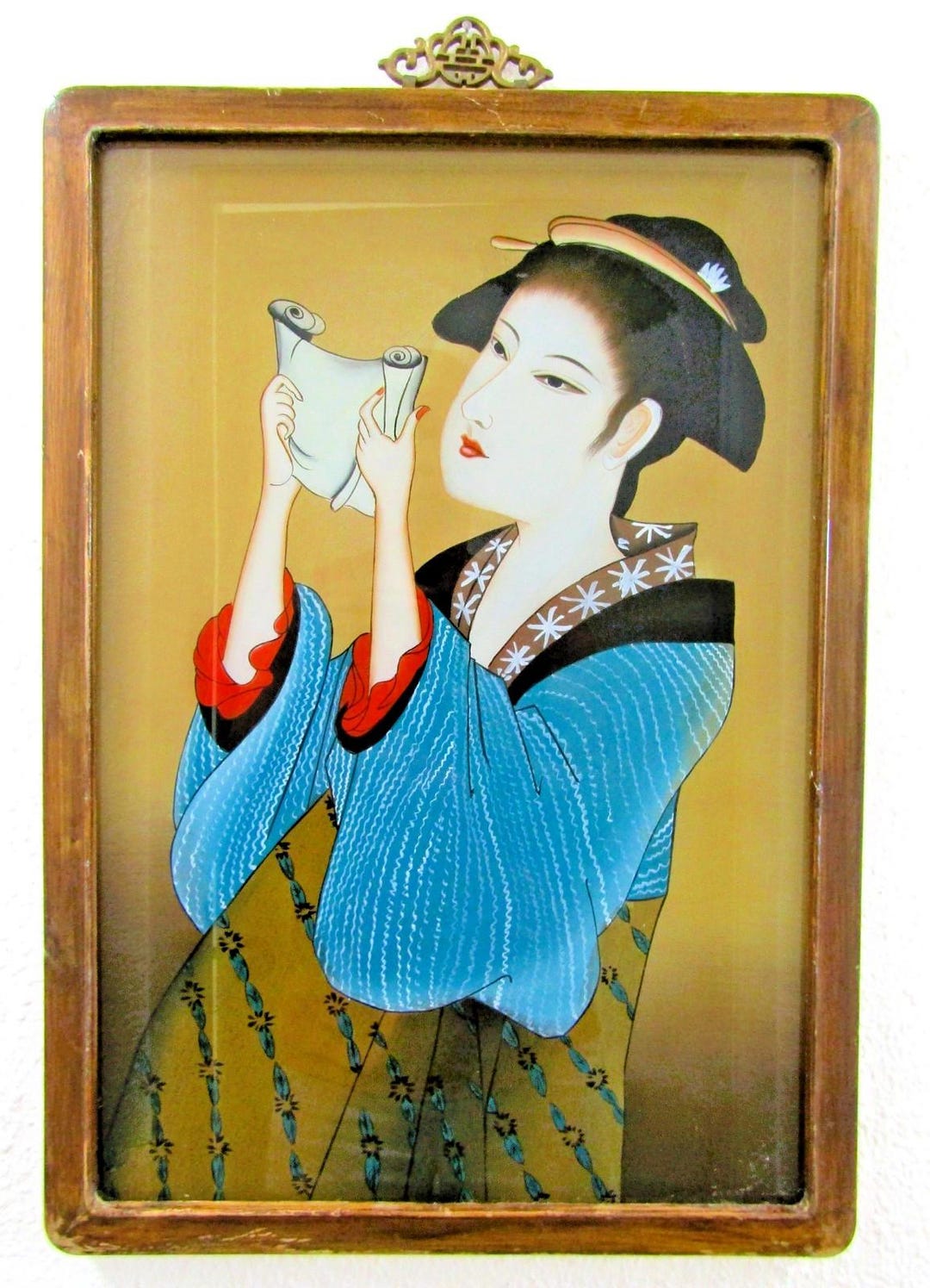 Antique Japanese Reverse Glass Painting of a Geisha Reading Framed in ...