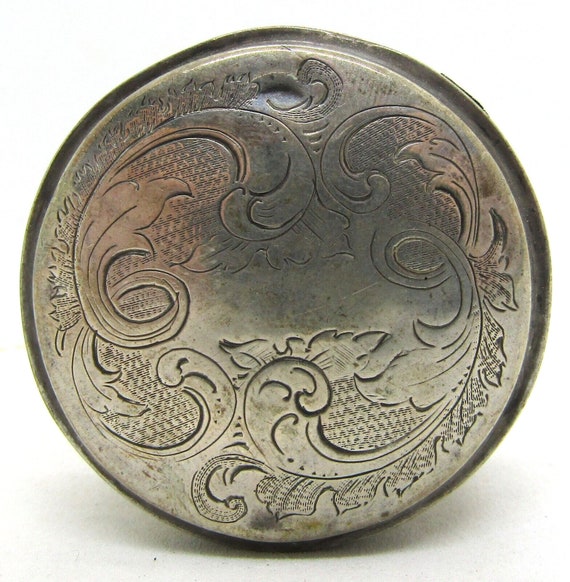 Antique Engraved Sterling Silver Round Pill Box 1… - image 2