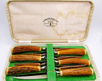 Set of 6 Antler Handle Latham & Owen Excalibur Sheffield England Steak Knives
