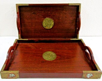 Mid-Century Modern Rosewood Two Nesting Asian Serving Trays Brass Corner