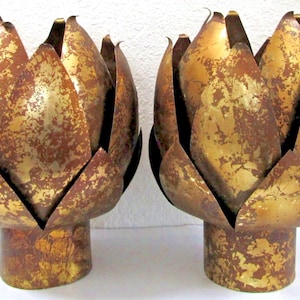 Pair Mid-Century Modern Brass and Distressed Copper Lotus Blossom Candle Holders