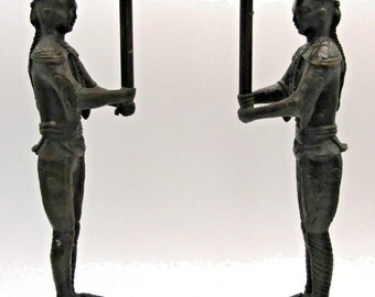 Pair of Vintage Cast Bronze Siamese Soldier Candle Holders