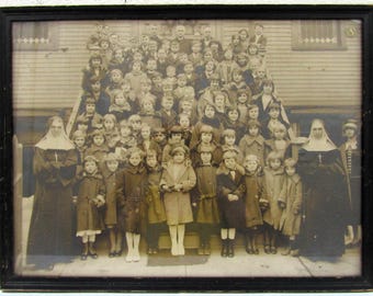 1920s Antique Outside Group Photograph of Catholic School Children, Nuns, Priest