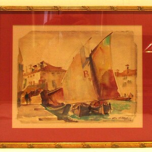 Glen Mitchell Signed Framed Watercolor Painting of Seaside Quay With Sailboats