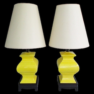 Matched Pair of Mid-Century Modern Chapman Yellow Chinoiserie Table Lamps