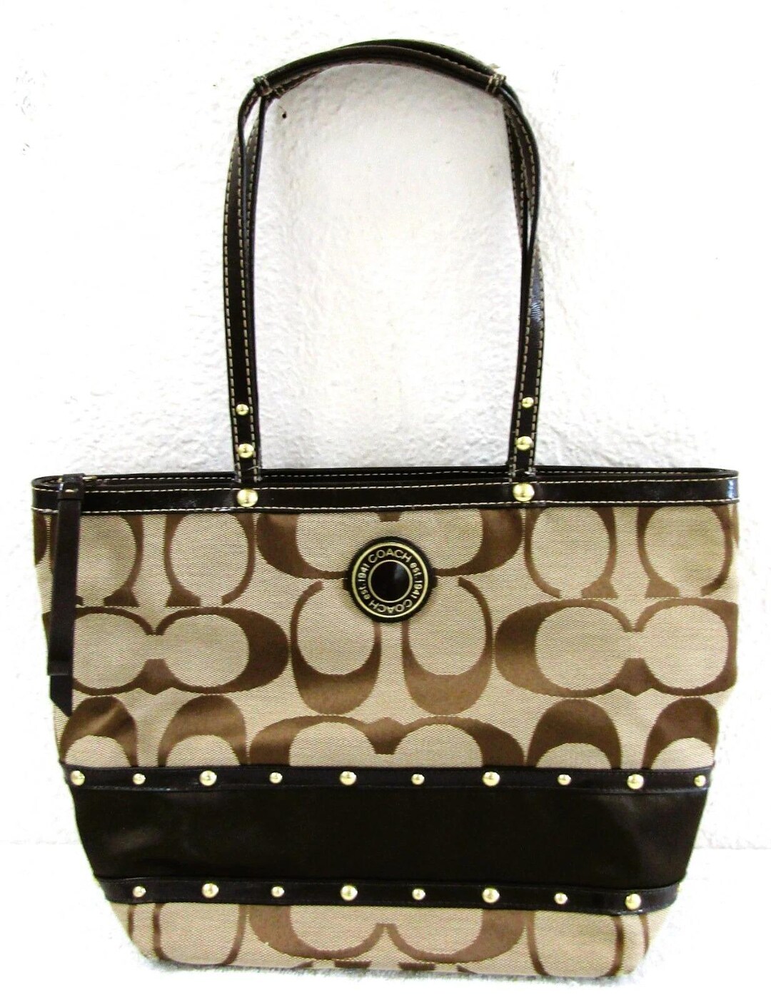 Coach Signature Brown Tan Canvas F20014 Studded Two Handled 