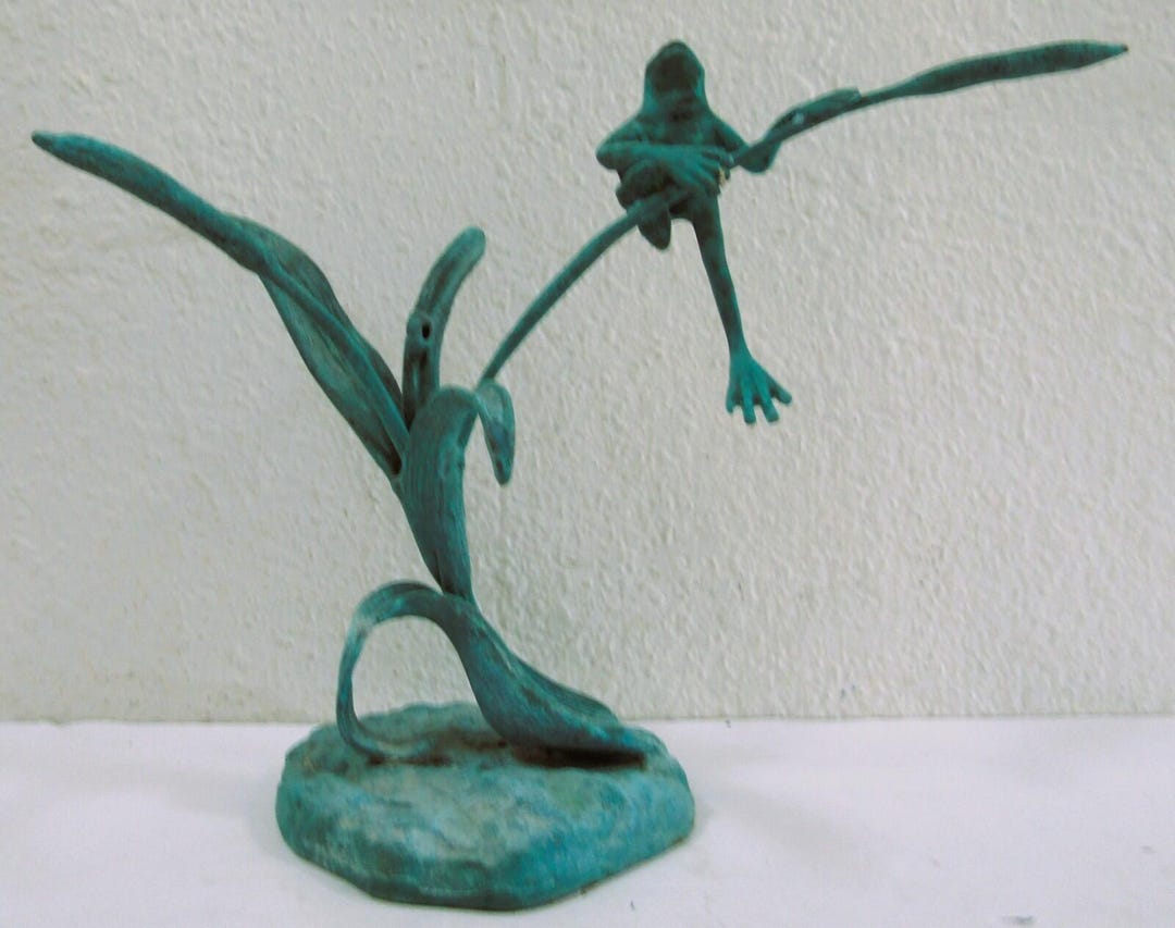 Jumping Frog on Reeds Cold-cast Bronze Sculpture With Hand Applied ...