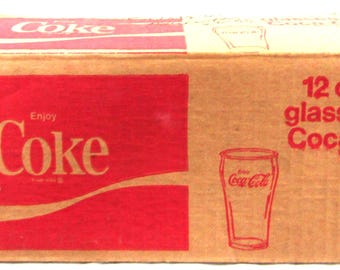 Box of 12 Vintage "Enjoy Coca-Cola" 8-ounce 5" Tall White Lettering Glasses