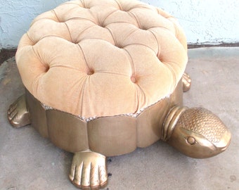Large Gold Carved Wood and Upholstery Turtle Ottoman Footstool 34" x 30.5" x 15"