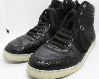 Men's Gucci 221825 Black Crocodile Leather Web High-Top Sneakers Sz 10.5 C Width