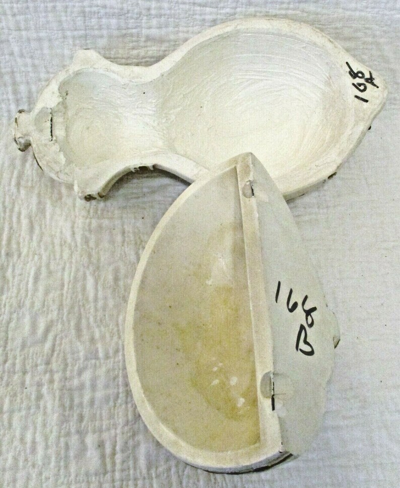 May include: Two white plaster molds, one shaped like a pear and the other shaped like a half-circle. The pear mold has a small knob on the top and the number "168" written on the side. The half-circle mold has the number "168" written on the side.