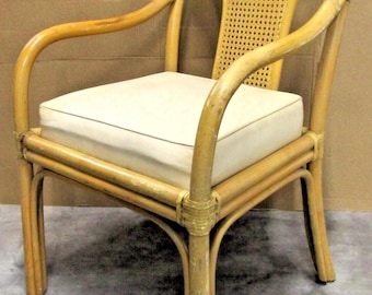 Vintage Ficks Reed Bamboo and Rattan Back Upholstered Seat Armchair