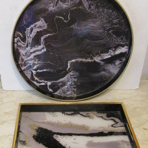 Pair of Round and Rectangle Black, White and Gold Swirl Serving Trays