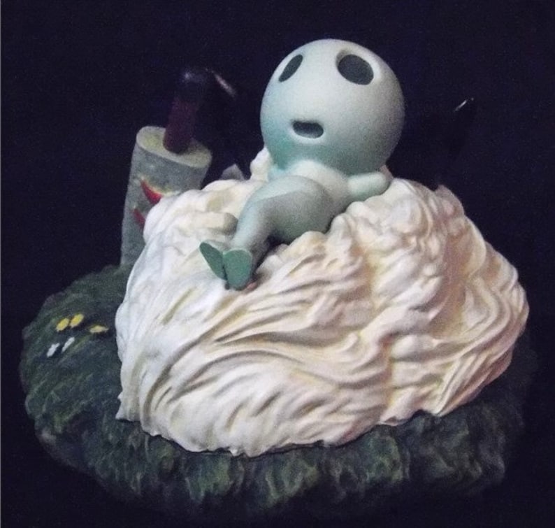 May include: A small, light blue figurine of a character from the movie 'My Neighbor Totoro' is sitting on a white, fluffy cloud. The figurine is wearing a white dress and has a big, round head with large eyes. The cloud is sitting on a green base.
