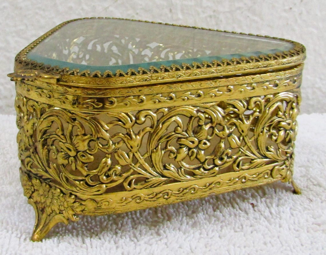 Triangular Jewelry Box Antique Ormolu Triangle Jewelry Box Reticulated Gold Gilt and Beveled ...