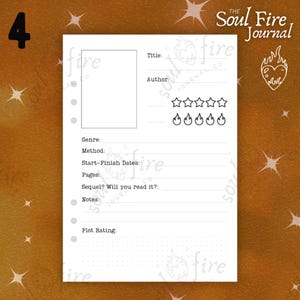 May include: A black and white printable book tracker page with the title "Soul Fire Journal". The page includes sections for title, author, genre, method, start and finish dates, pages, sequel, notes, and plot rating. There are five stars and five flames for rating.