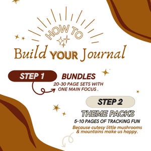 May include: A graphic with the text "HOW TO Build YOUR Journal" in a brown and gold color scheme. The graphic shows two steps for building a journal: Step 1, Bundles, 20-30 page sets with one main focus, and Step 2, Theme Packs, 5-10 pages of tracking fun. Because cutesy little mushrooms & mountains make us happy.