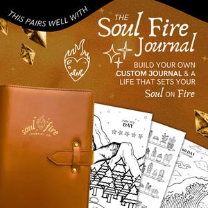 May include: A brown leather journal with gold accents and the text "soul fire journal co." on the cover. The journal is open to reveal blank pages. The image also includes three printable pages with black and white illustrations of a mountain range, a shelf with potted plants, and a wave.