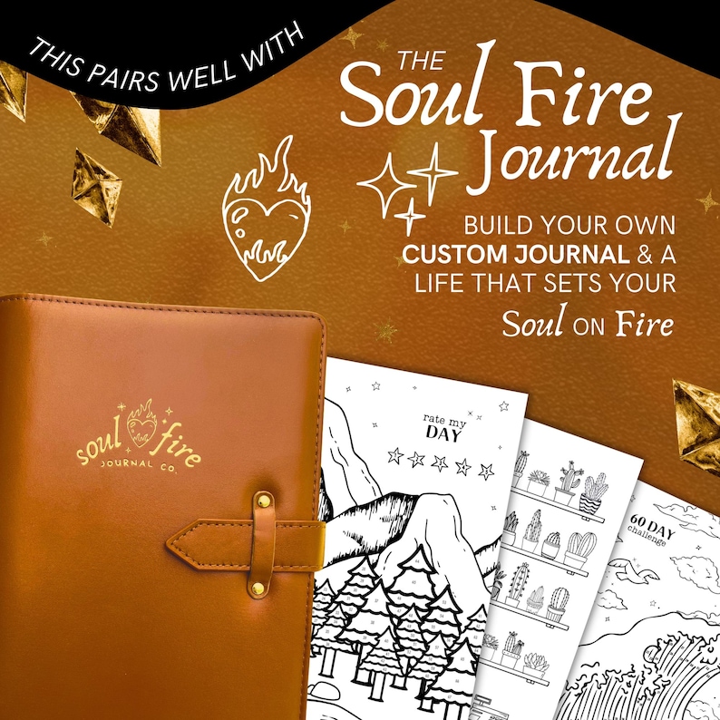 May include: A brown leather journal with gold accents and the text "soul fire journal co." on the cover. The journal is open to reveal blank pages. The image also includes three printable pages with black and white illustrations of a mountain range, a shelf with potted plants, and a wave.