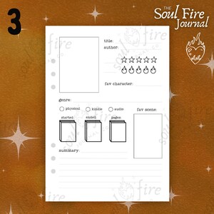 May include: A black and white printable book journal page with the title "Soul Fire Journal" and the number "3" in the top left corner. The page is designed for tracking book reading with sections for title, author, genre, rating, favorite character, favorite scene, and a summary.