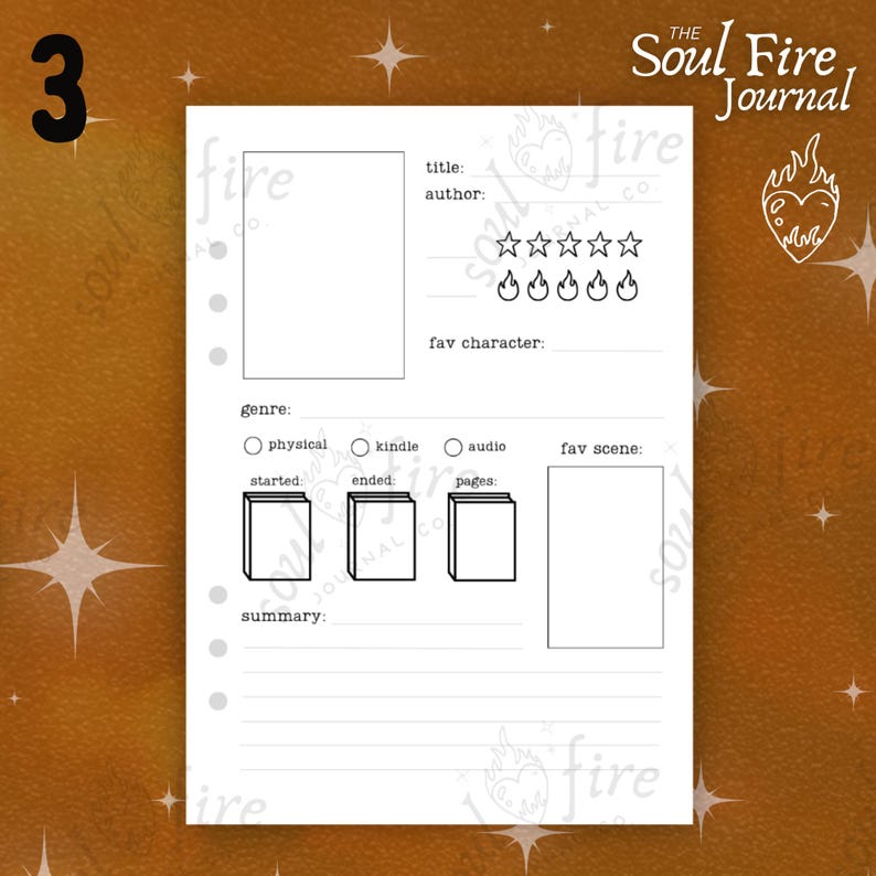 May include: A black and white printable book journal page with the title "Soul Fire Journal" and the number "3" in the top left corner. The page is designed for tracking book reading with sections for title, author, genre, rating, favorite character, favorite scene, and a summary.