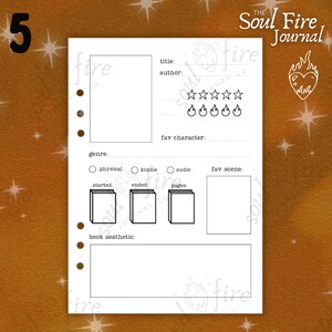 May include: A printable book journal page with a black and white design. The page has sections for title, author, genre, favorite character, favorite scene, and book aesthetic. The page also includes a rating section with five stars and a section for marking if the book was read physically, on a kindle, or as an audiobook.