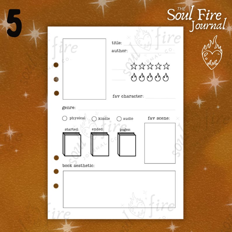 May include: A printable book journal page with a black and white design. The page has sections for title, author, genre, favorite character, favorite scene, and book aesthetic. The page also includes a rating section with five stars and a section for marking if the book was read physically, on a kindle, or as an audiobook.