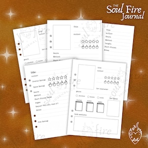 May include: A printable book tracker journal with pages for recording book details, ratings, and notes. The journal has a black and white design with a fire and heart logo.