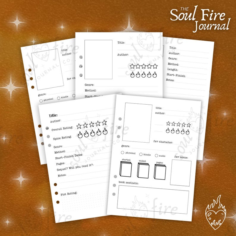 May include: A printable book tracker journal with pages for recording book details, ratings, and notes. The journal has a black and white design with a fire and heart logo.