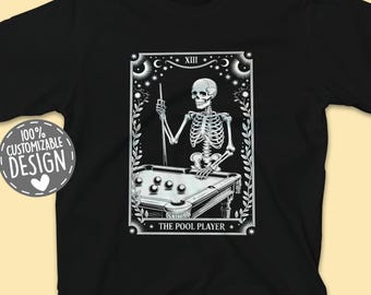 The Pool Player Tarot Card T-Shirt: Skeleton Billiards Graphic Tee