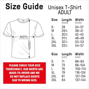 Puede incluir: Tabla de tallas para una camiseta unisex. La tabla muestra la longitud y el ancho de la camiseta en pulgadas y cent&iacute;metros para las tallas S a 3XL. La tabla tambi&eacute;n incluye un diagrama de una camiseta con las medidas de longitud y ancho etiquetadas.