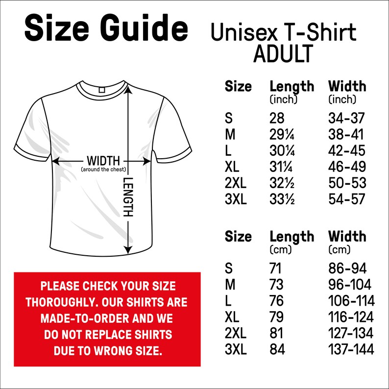 Puede incluir: Tabla de tallas para una camiseta unisex. La tabla muestra la longitud y el ancho de la camiseta en pulgadas y cent&iacute;metros para las tallas S a 3XL. La tabla tambi&eacute;n incluye un diagrama de una camiseta con las medidas de longitud y ancho etiquetadas.