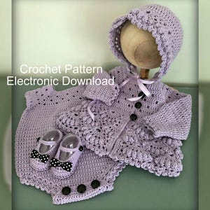 Newborn Baby Girl Fancy Fans Outfit Crochet Pattern with Sweater Jacket, Bonnet, Shoes, Romper