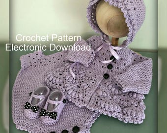 Crochet Pattern Newborn Baby Girl Fancy Fans Outfit with Sweater Jacket, Bonnet, Shoes, Romper