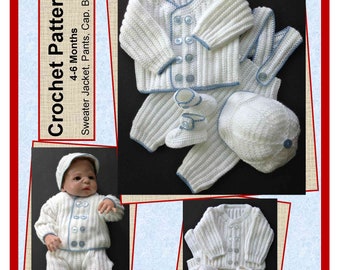 Baby Boy Christening Outfit 4-6 Months Crochet Pattern with Sweater Jacket, Suspendered Pants, Cap, and Shoes