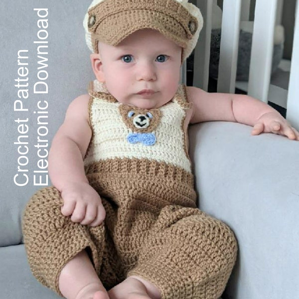 Boy Christening or Everyday Outfit Crochet Pattern, 4-6 Months with Jacket, Overalls, Newsboy Hat, Booties