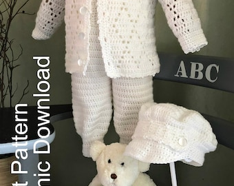Baby Boy Crochet Outfit Pattern: Christening Set, Jacket, Overalls (Electronic Download)