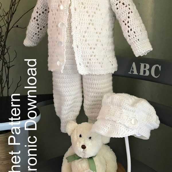 Baby Boy Christening or Everyday Outfit with Jacket, Overalls, Cap, Shoes, and Bear Applique Crochet Pattern