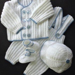 Baby Christening Outfit Crochet Pattern: 4-6 Month Sweater, Pants, Cap, Booties (PDF Pattern)