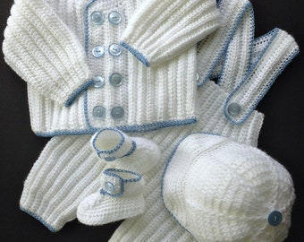 Baby Christening Outfit Crochet Pattern: 4-6 Month Sweater, Pants, Cap, Booties (PDF Pattern)
